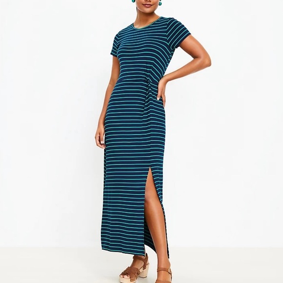 LOFT Navy and Green Striped Striped Twist Maxi Dress - Picture 1 of 11